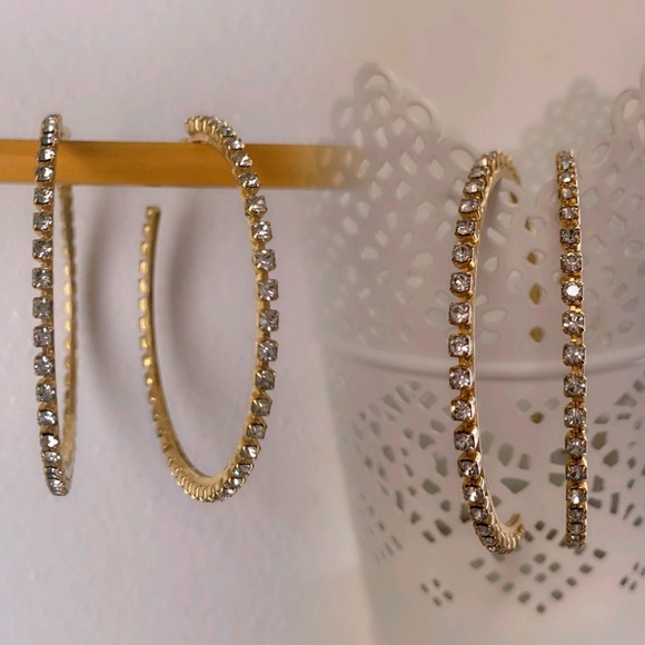 Vintage Rhinestone Crystal Oversized Hoop Earrings - Picture 2 of 14